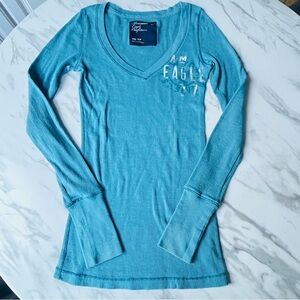 Y2K American Eagle Women's XS Blue Turquoise Long Sleeve T-Shirt Top Casual Wear